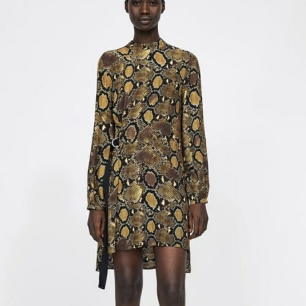 Zara Snake Animal Print dress Round Neck Bow Waist tie Long Sleeve